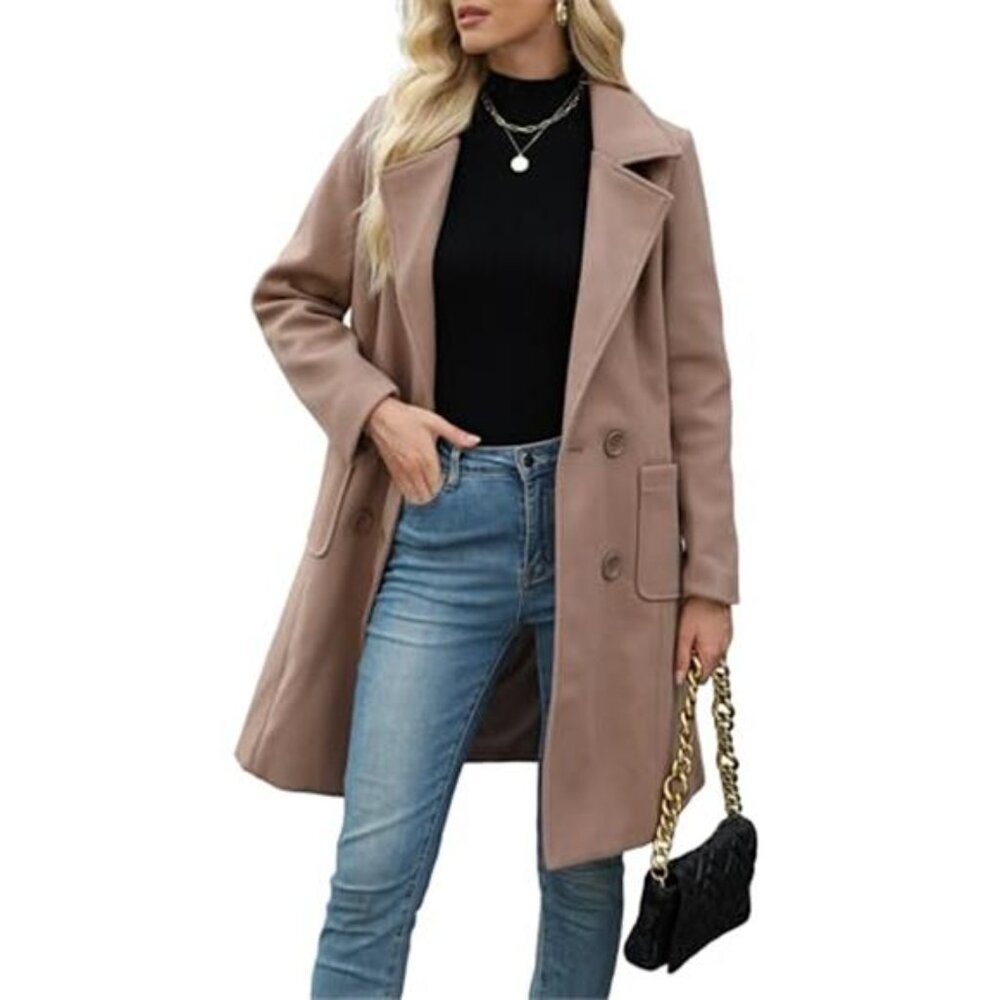 Womens Winter Wool Blend Coat Mid Long Double Breasted Notch Lapel Jacket Warm